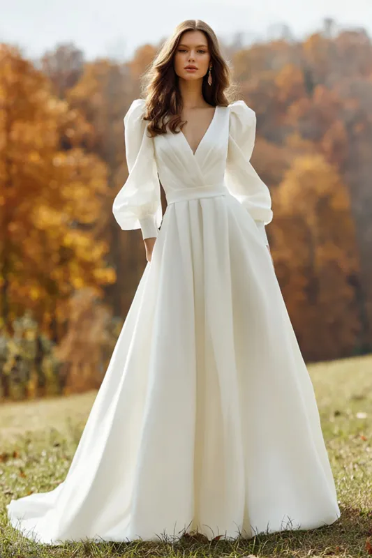 A Line V Neck Ivory Long Sleeve Wedding Dress sold by Zapaka