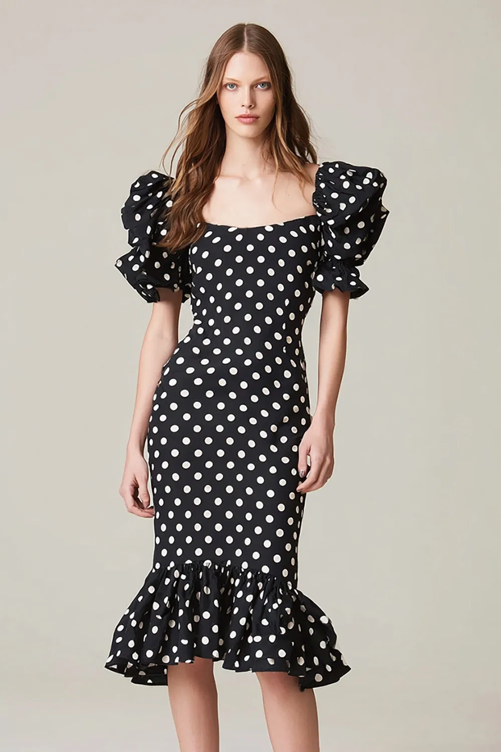 Black and White Square Neck Satin Mermaid Polka Dots Dress with Ruffles sold by Zapaka