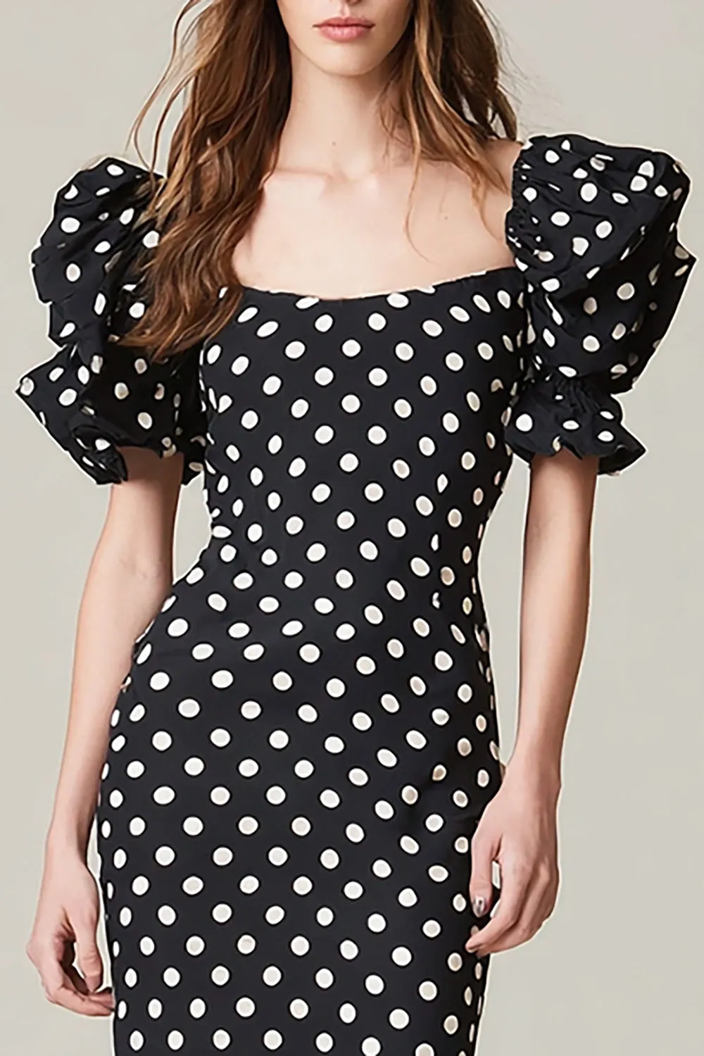 Black and White Square Neck Satin Mermaid Polka Dots Dress with Ruffles sold by Zapaka product image thumbnail 2