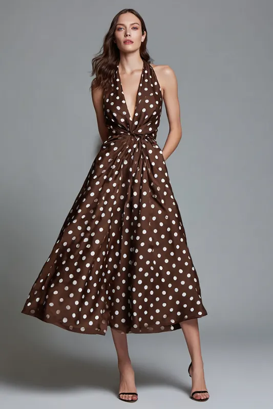Brown and White Chiffon V-Neck A-Line Polka Dots Dress sold by Zapaka