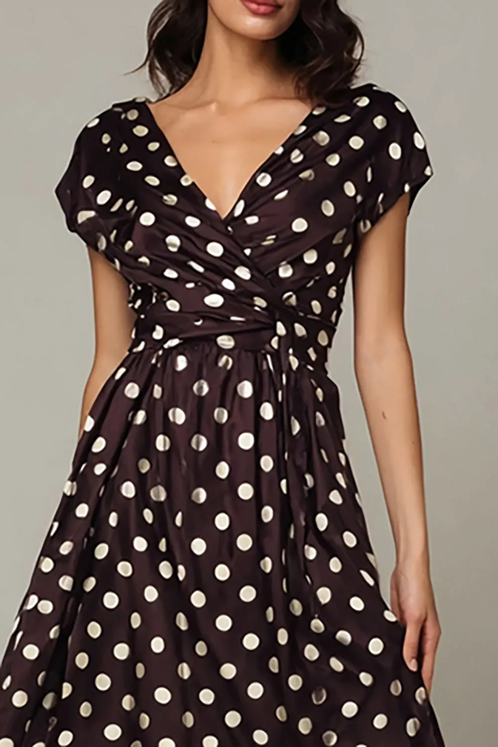 Dark Brown V-Neck Satin A-Line Tea Length Polka Dots Dress sold by Zapaka product image thumbnail 2