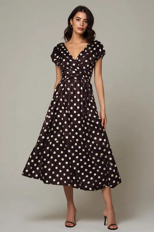 Dark Brown V-Neck Satin A-Line Tea Length Polka Dots Dress sold by Zapaka