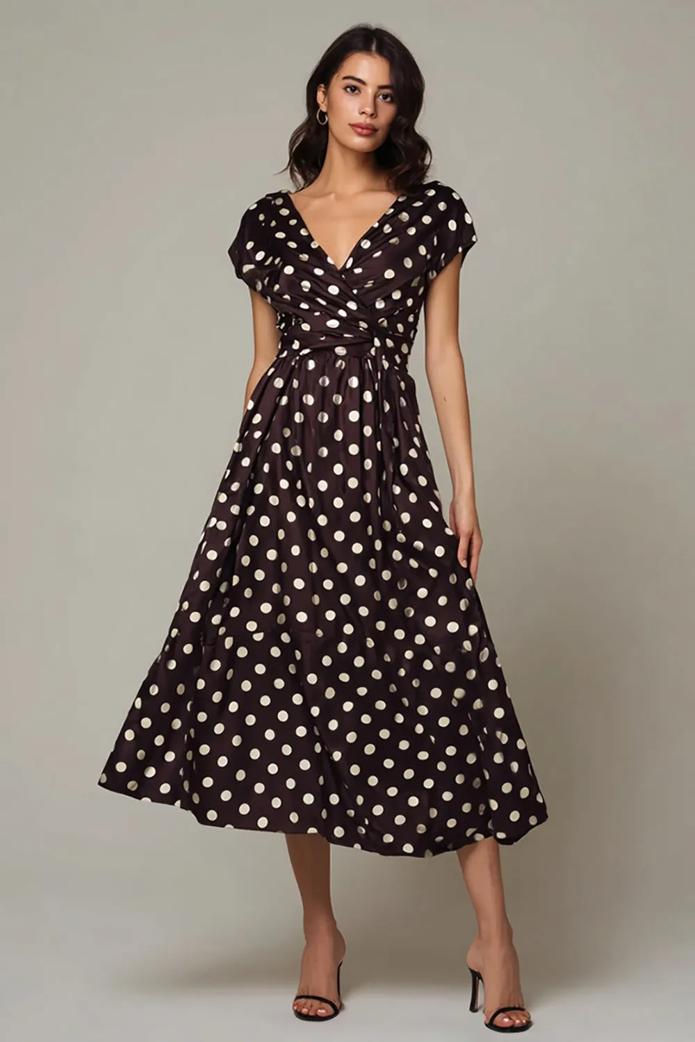 Dark Brown V-Neck Satin A-Line Tea Length Polka Dots Dress sold by Zapaka
