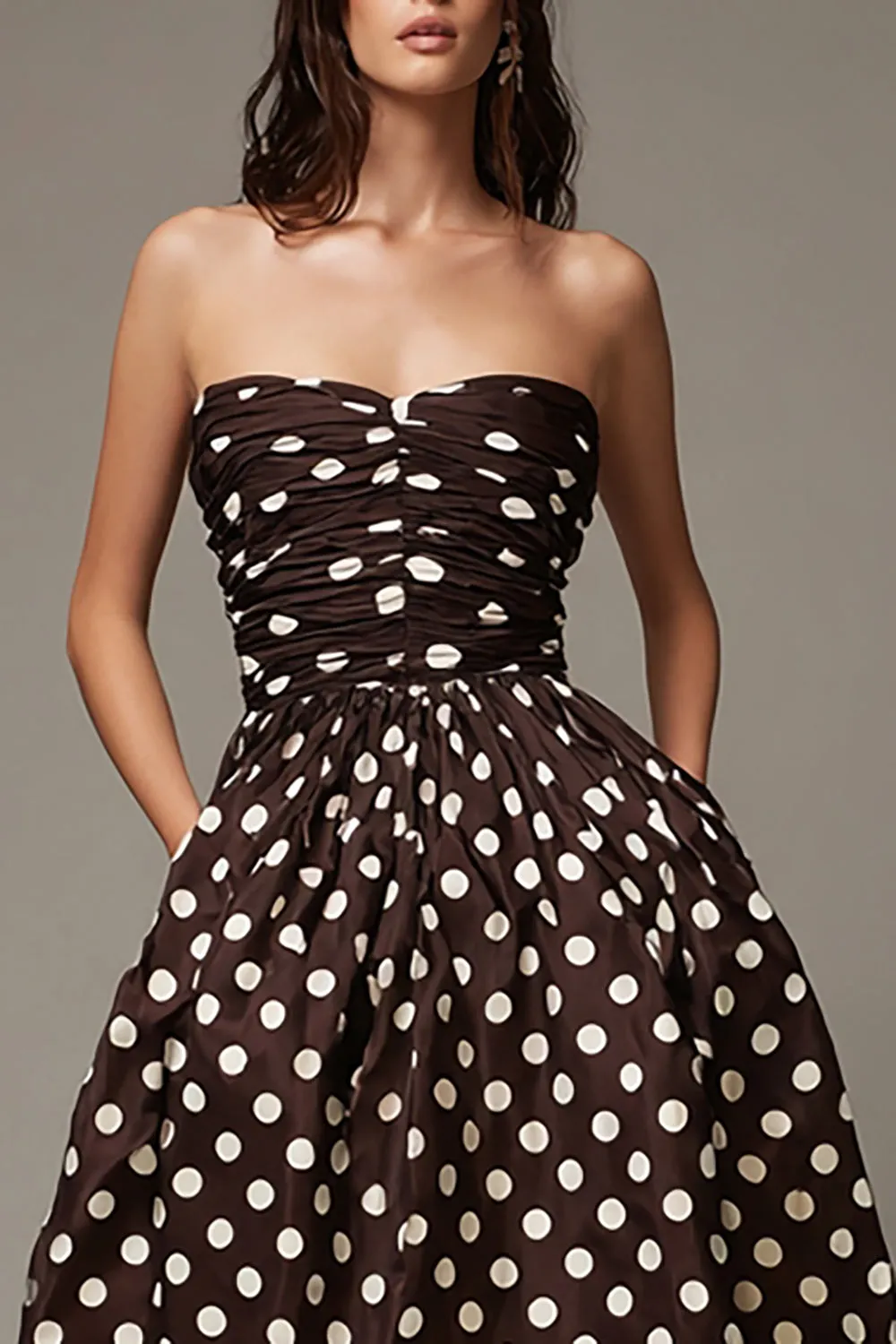Dark Brown Strapless Satin A-Line Midi Polka Dots Dress sold by Zapaka product image thumbnail 2