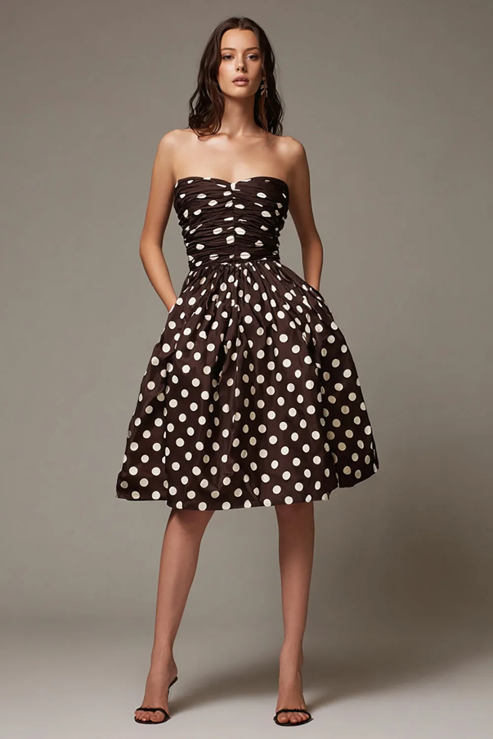 Dark Brown Strapless Satin A-Line Midi Polka Dots Dress sold by Zapaka