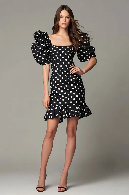 Black and White Square Neck Satin Short Polka Dots Dress with Ruffles sold by Zapaka