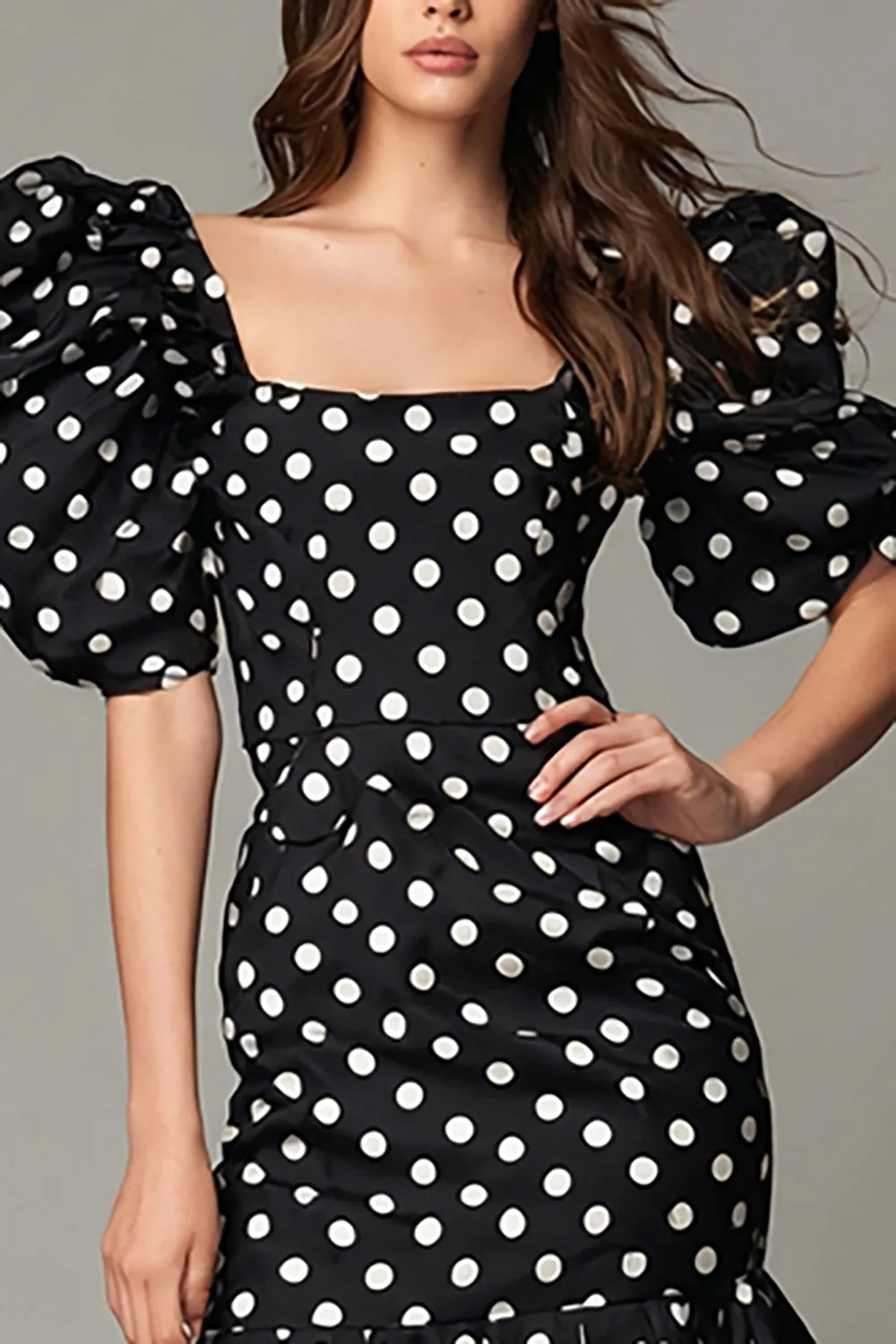 Black and White Square Neck Satin Short Polka Dots Dress with Ruffles sold by Zapaka product image thumbnail 2
