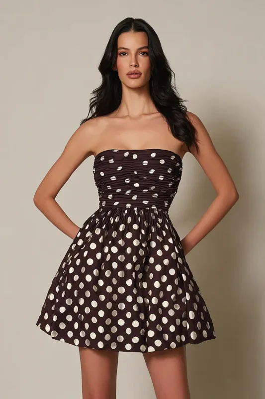 Dark Brown Strapless A-Line Satin Short Polks Dots Dress sold by Zapaka