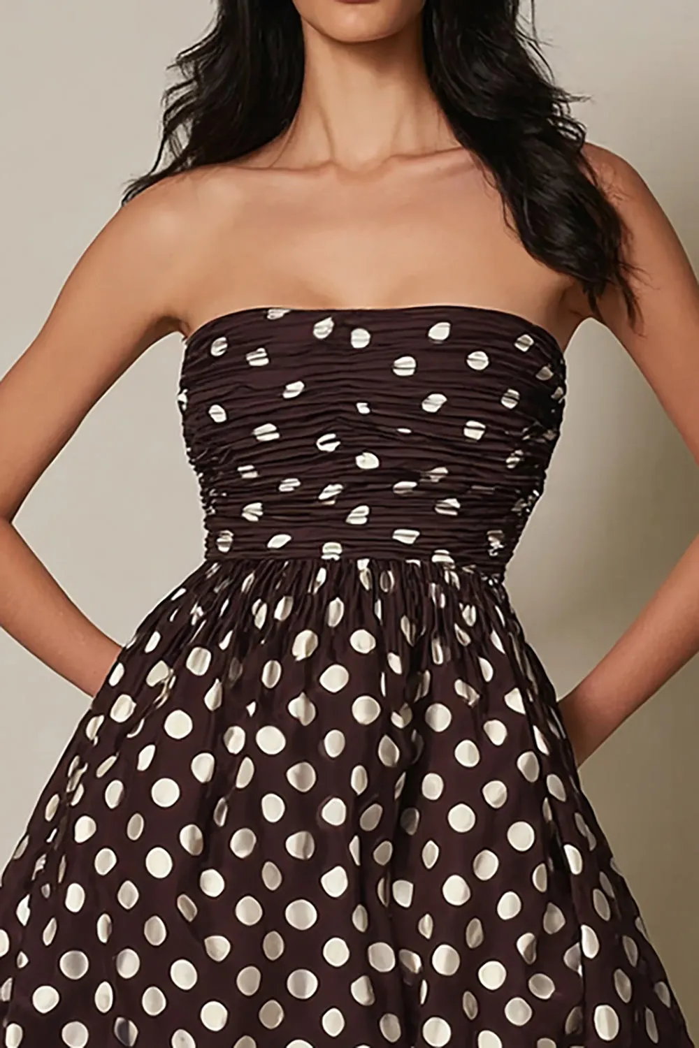 Dark Brown Strapless A-Line Satin Short Polks Dots Dress sold by Zapaka product image thumbnail 2