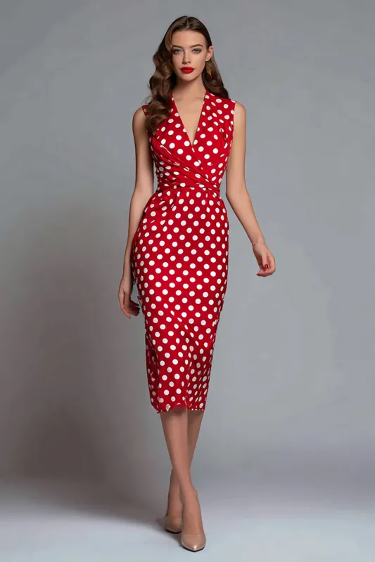 Red Satin V-Neck Bodycon Tea Length Polka Dots Dress sold by Zapaka