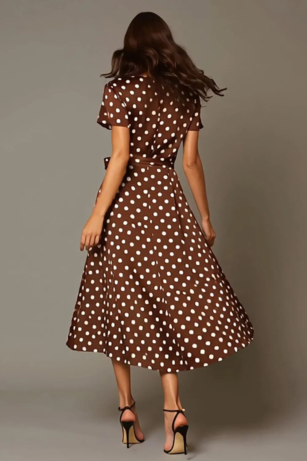 Brown Satin A-Line V-Neck Tea Length Polka Dots Dress sold by Zapaka product image thumbnail 2