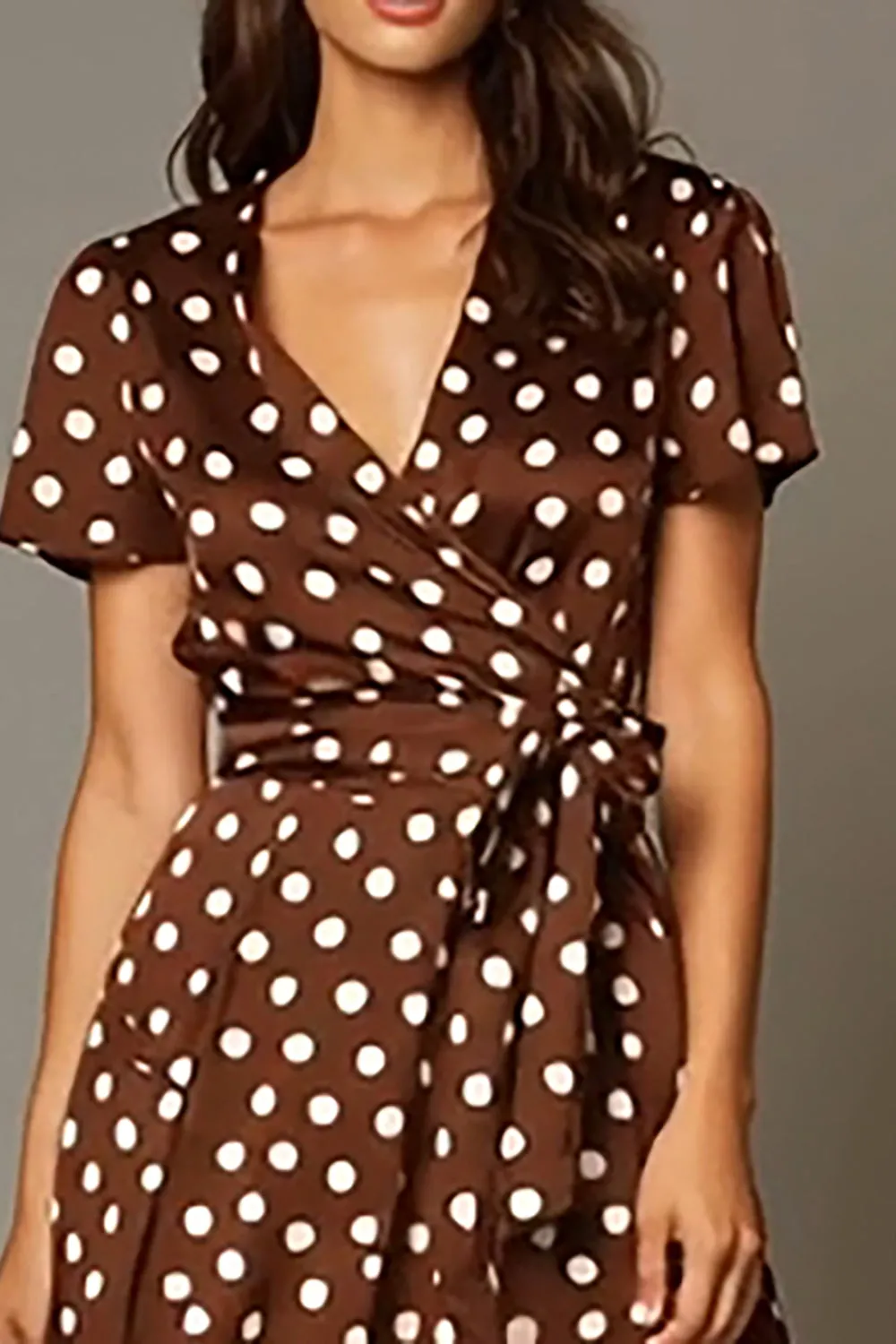 Brown Satin A-Line V-Neck Tea Length Polka Dots Dress sold by Zapaka product image thumbnail 3