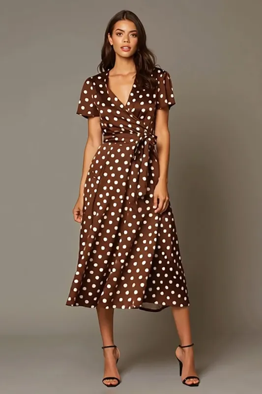 Brown Satin A-Line V-Neck Tea Length Polka Dots Dress sold by Zapaka