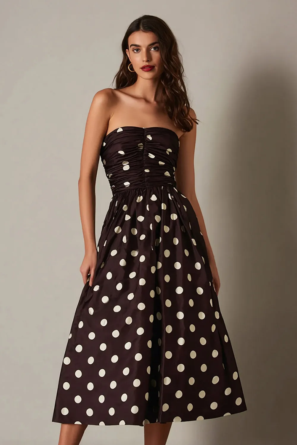 Dark Brown Satin Strapless A-Line Polka Dots Dress sold by Zapaka