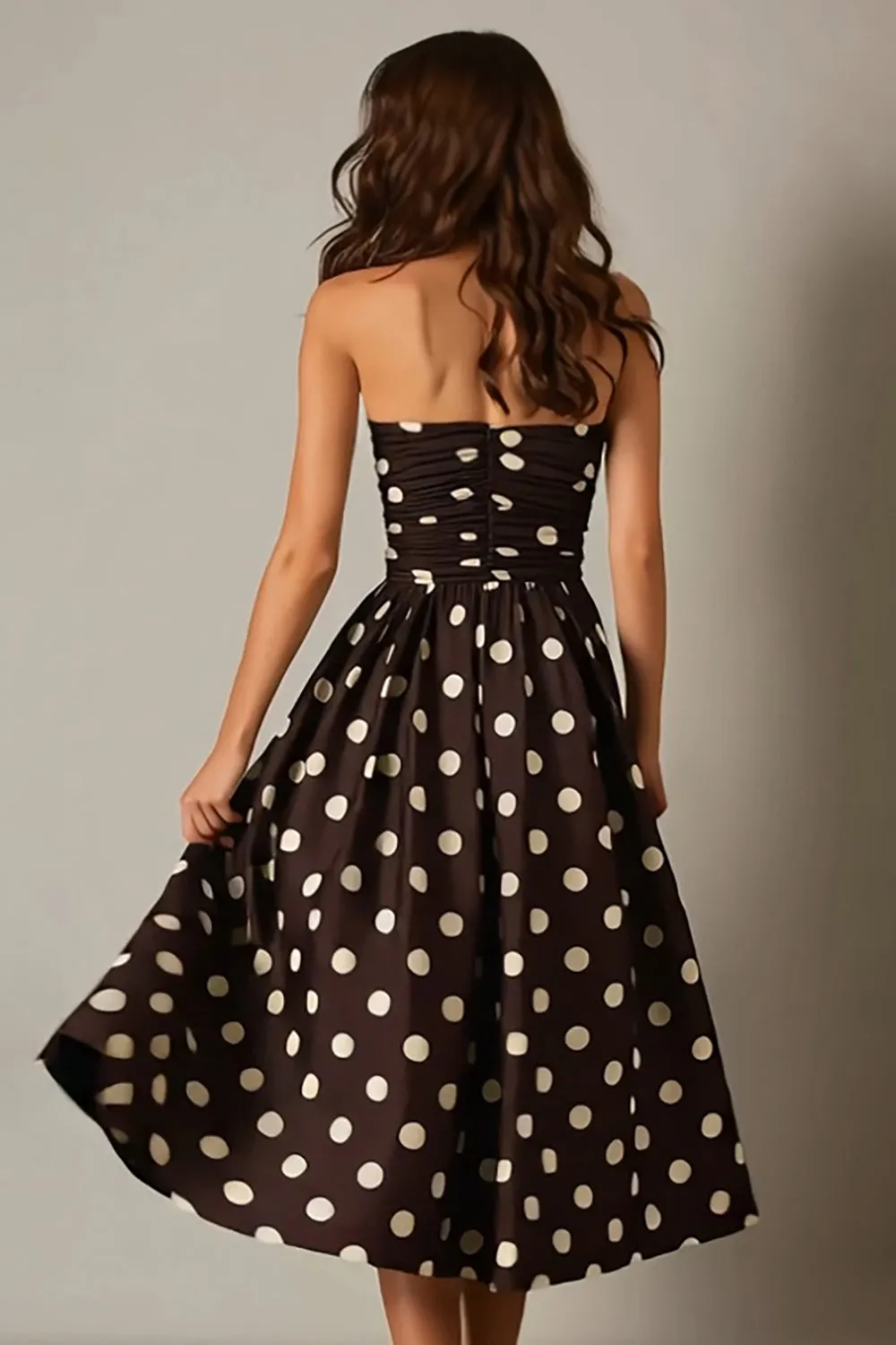 Dark Brown Satin Strapless A-Line Polka Dots Dress sold by Zapaka product image thumbnail 2