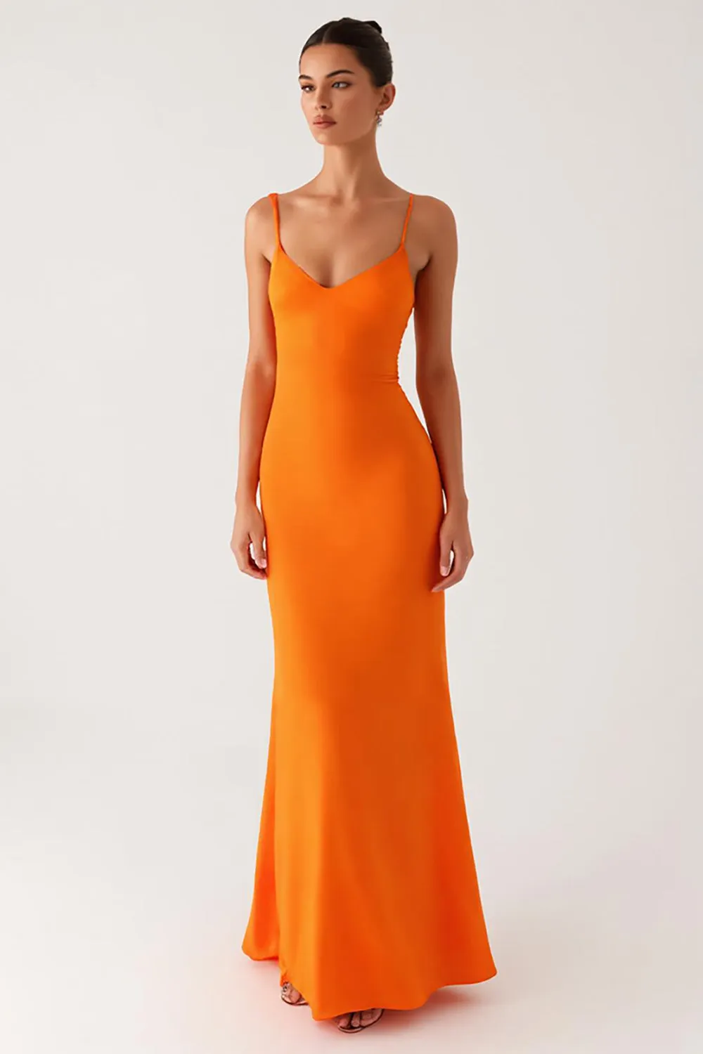 Orange Mermaid Spaghetti Straps Lace Up Back Evening Dress sold by Zapaka