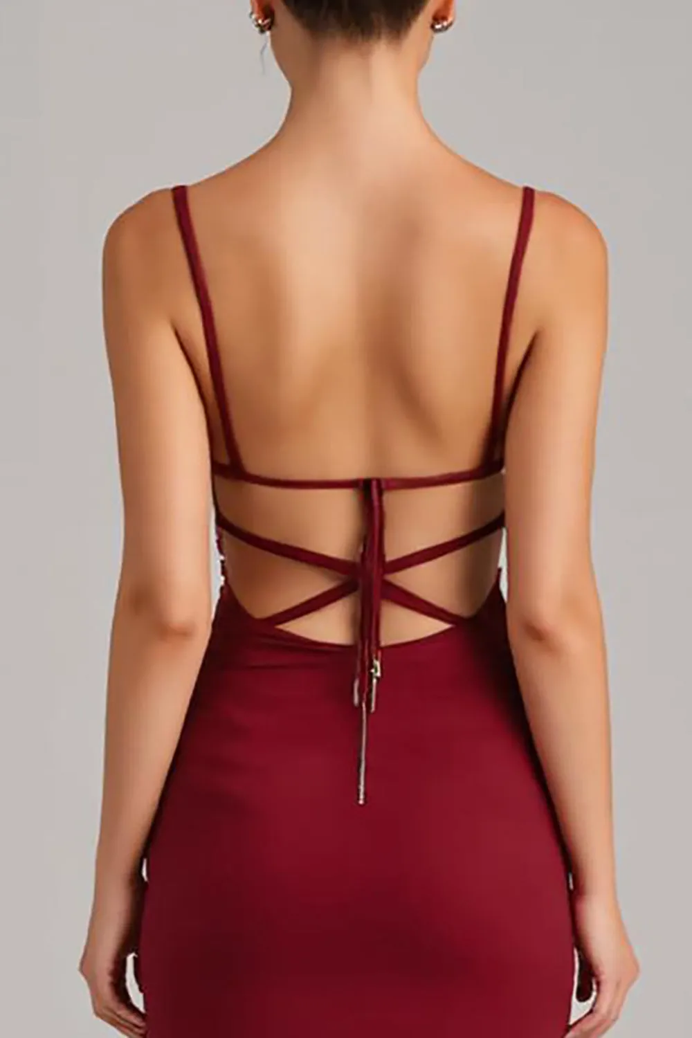 Burgundy Lace Up Back Mermaid Evening Dress sold by Zapaka product image thumbnail 4