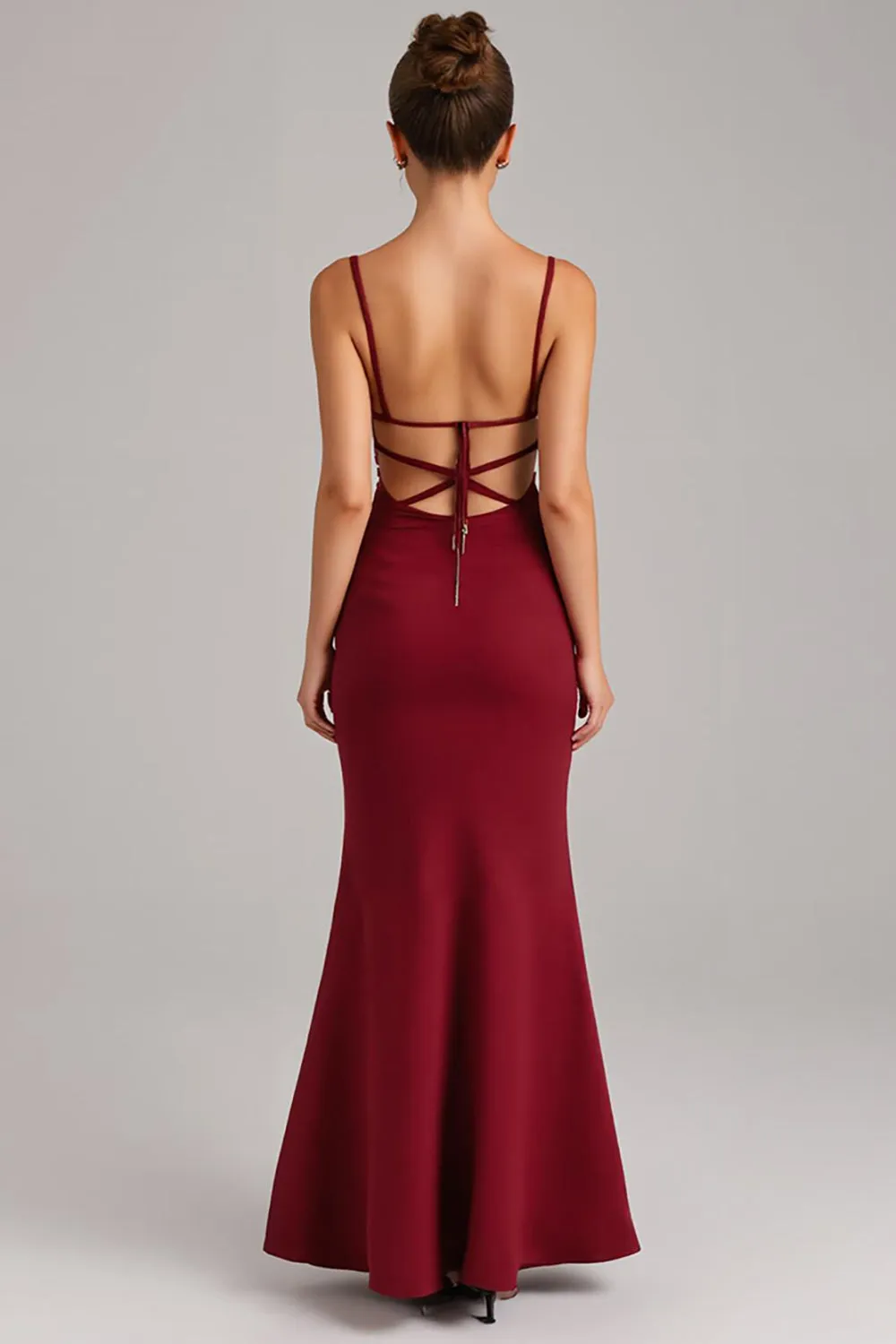Burgundy Lace Up Back Mermaid Evening Dress sold by Zapaka product image thumbnail 2