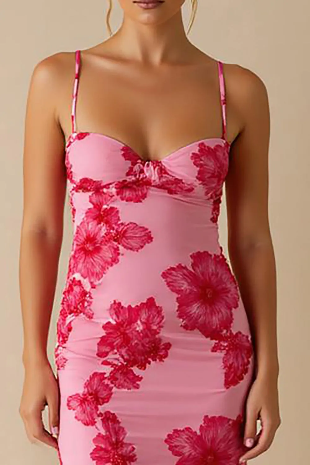 Chiffon Printed Light Pink Spaghetti Straps Sheath Long Evening Dress sold by Zapaka product image thumbnail 2