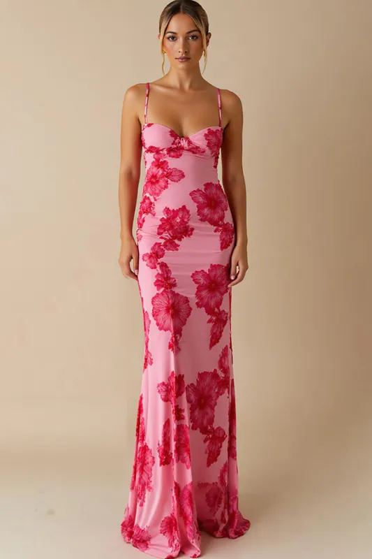Chiffon Printed Light Pink Spaghetti Straps Sheath Long Evening Dress sold by Zapaka
