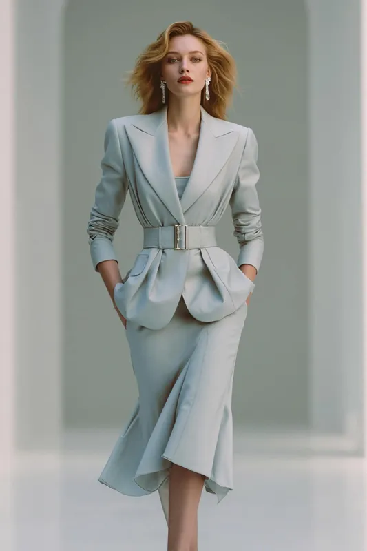 Grey Pencil Peak Lapel 2 Piece Midi Business Suits with Belt sold by Zapaka