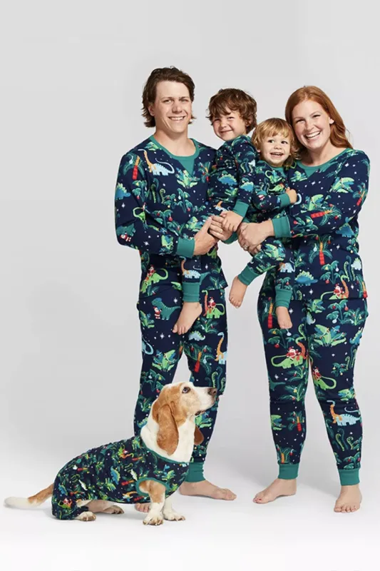 Navy and Green Printed Long Sleeve Family Christmas Pajamas sold by Zapaka