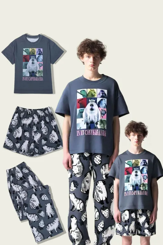 Dark Grey Animal Printed Short Sleeve Matching Family Pajamas sold by Zapaka