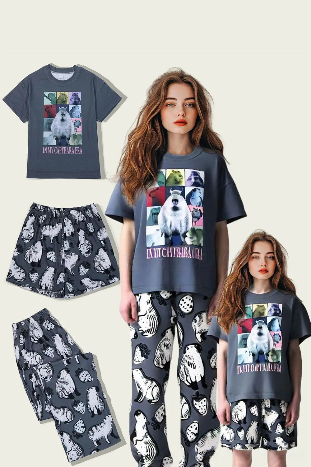 Dark Grey Animal Printed Short Sleeve Matching Family Pajamas sold by Zapaka product image thumbnail 2