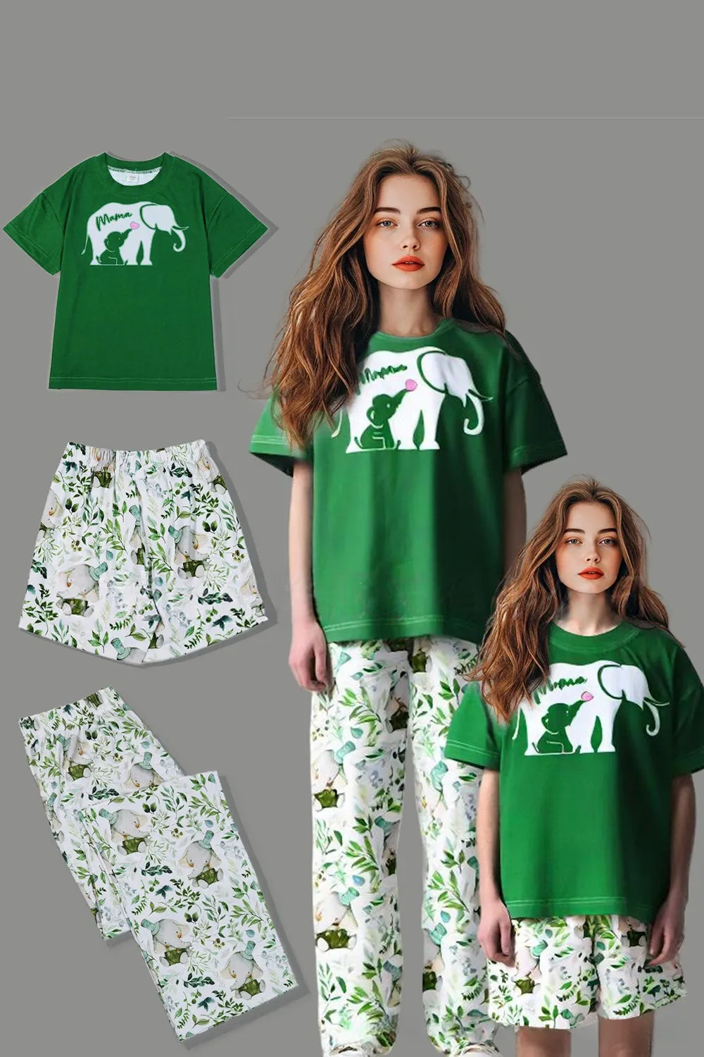 Dark Green Printed Short Sleeve Matching Family Pajamas sold by Zapaka product image thumbnail 2