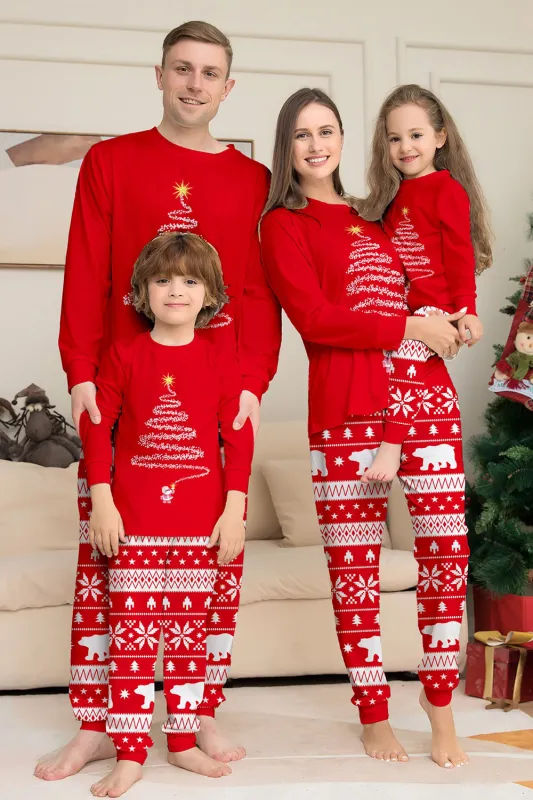 Red Print Tree Long Sleeve Christmas Family Matching Pajamas sold by Zapaka
