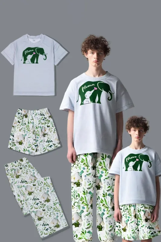White Green Floral Printed Short Sleeve Matching Family Pajamas sold by Zapaka