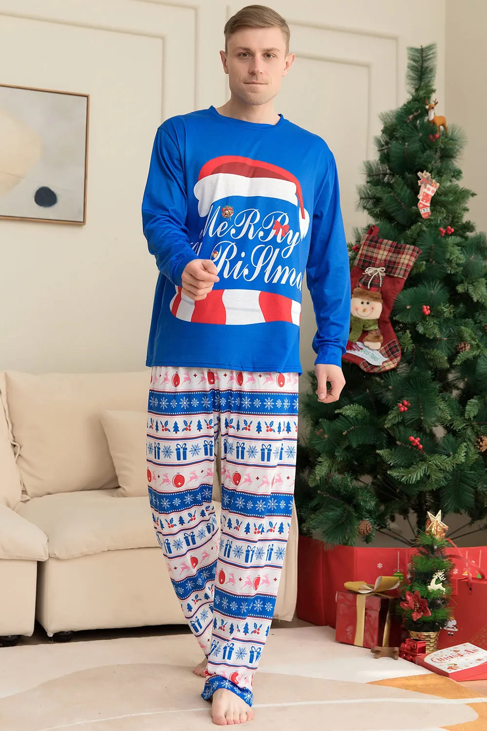 Blue Printed Long Sleeve Christmas Pajamas Set sold by Zapaka product image thumbnail 4