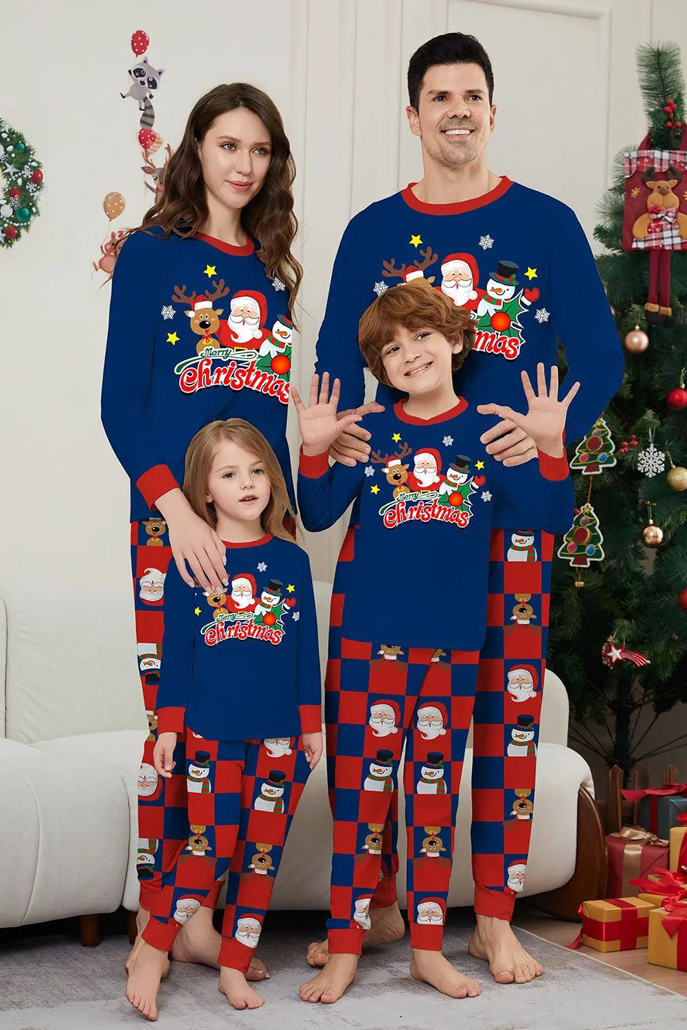 Dark Blue Plaid Pants Printed Long Sleeve Christmas Pajamas Set sold by Zapaka
