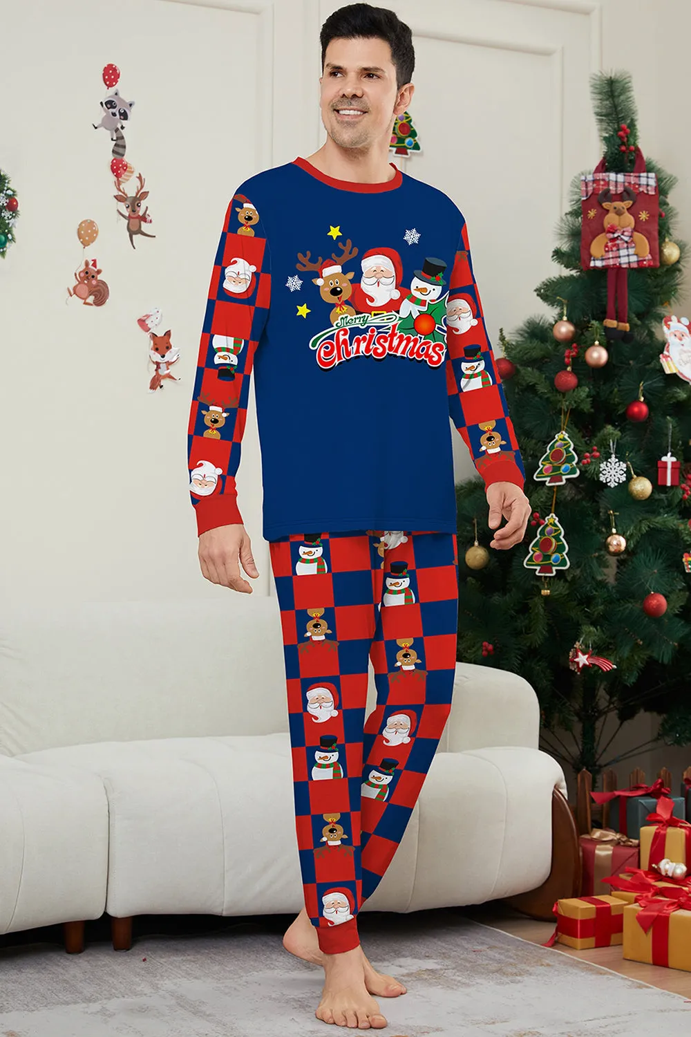 Dark Blue Plaid Pants Printed Long Sleeve Christmas Pajamas Set sold by Zapaka product image thumbnail 5