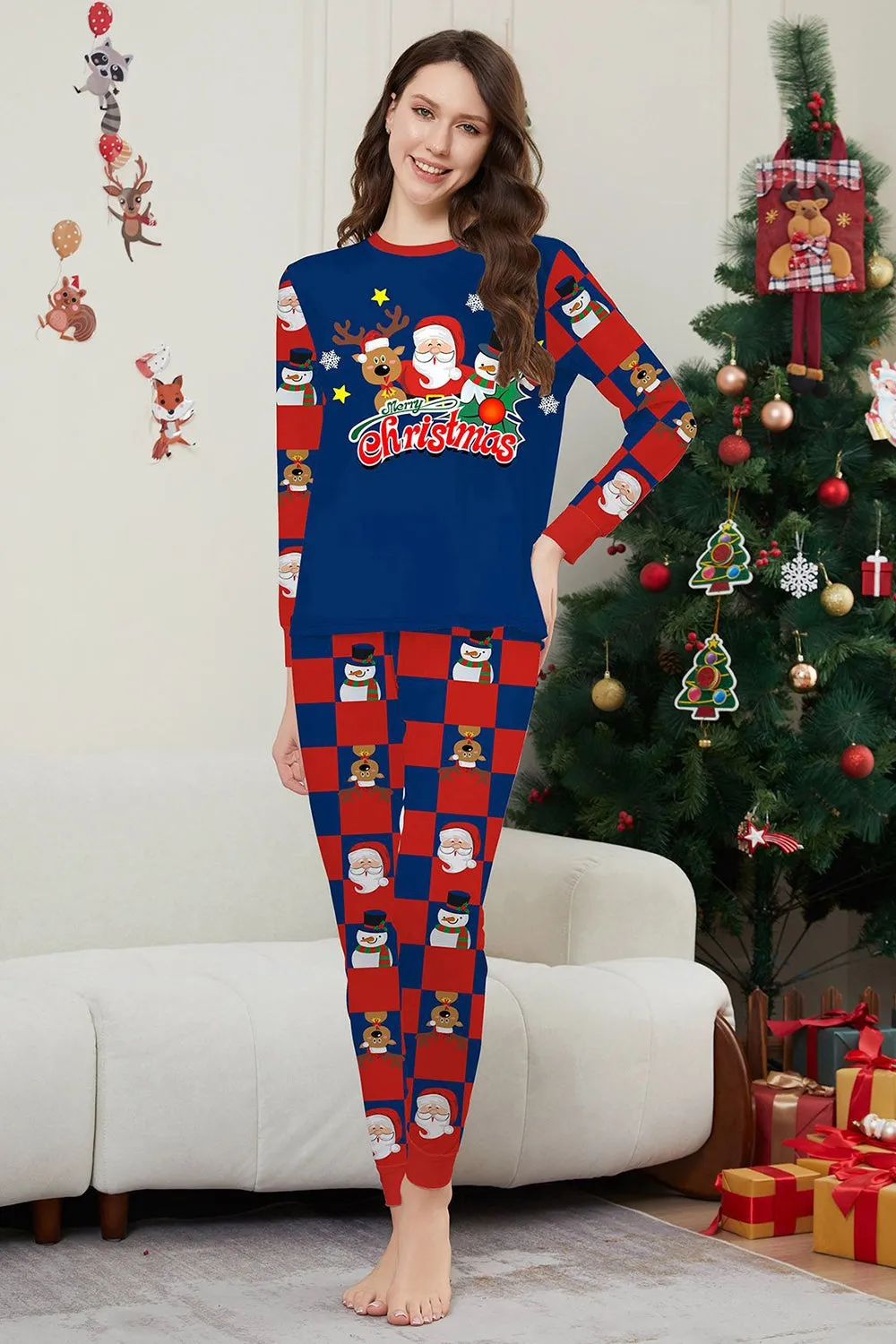 Dark Blue Plaid Pants Printed Long Sleeve Christmas Pajamas Set sold by Zapaka product image thumbnail 2