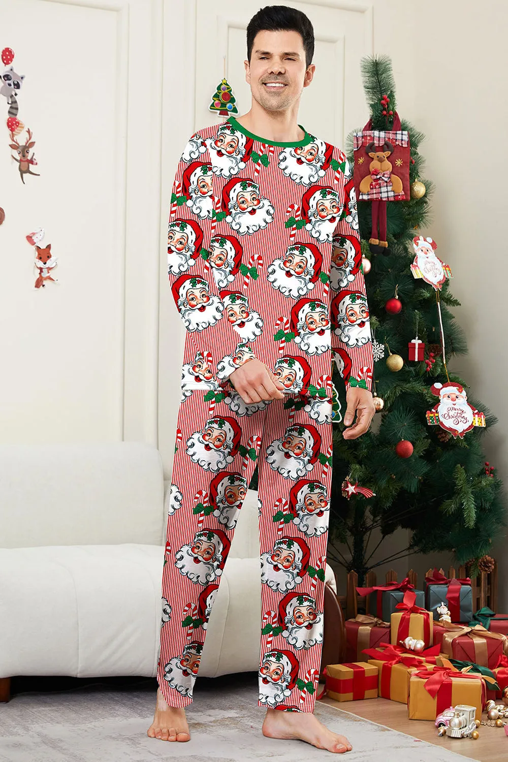 Red Striped Long Sleeve Printed Christmas Pajamas Set sold by Zapaka product image thumbnail 3