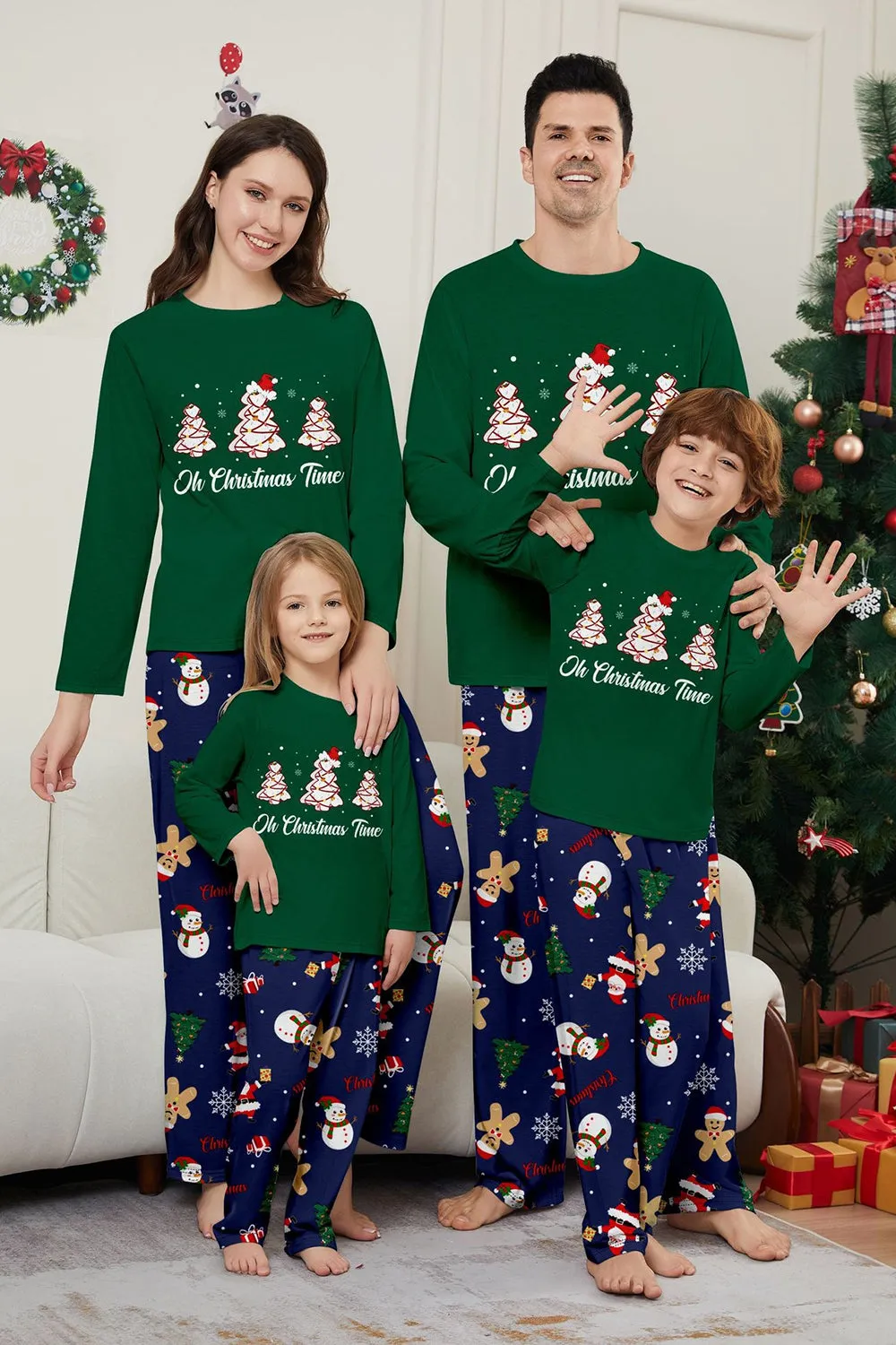 Green Blue Tree Print Long Sleeve Christmas Family Matching Pajamas sold by Zapaka