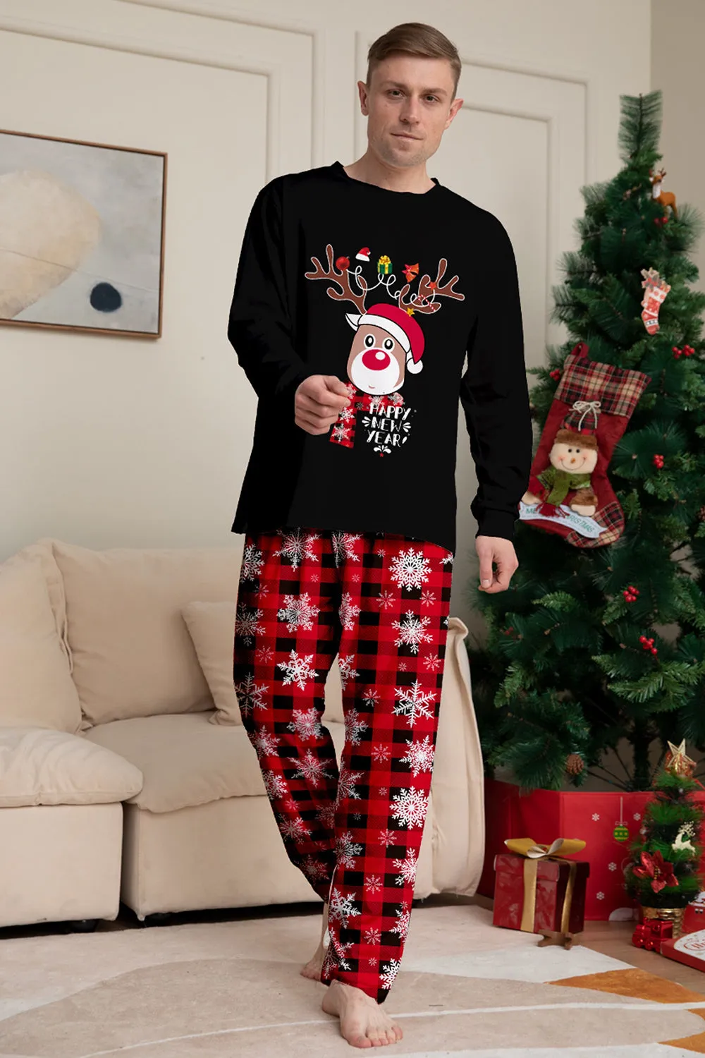 Black Red Reindeer Snowflake Print Christmas Family Matching Pajamas Set sold by Zapaka product image thumbnail 5