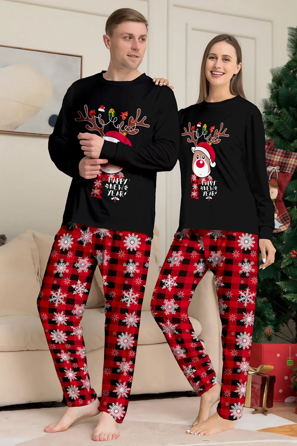 Black Red Reindeer Snowflake Print Christmas Family Matching Pajamas Set sold by Zapaka product image thumbnail 2
