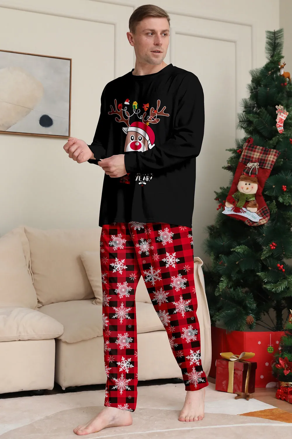 Black Red Reindeer Snowflake Print Christmas Family Matching Pajamas Set sold by Zapaka product image thumbnail 3