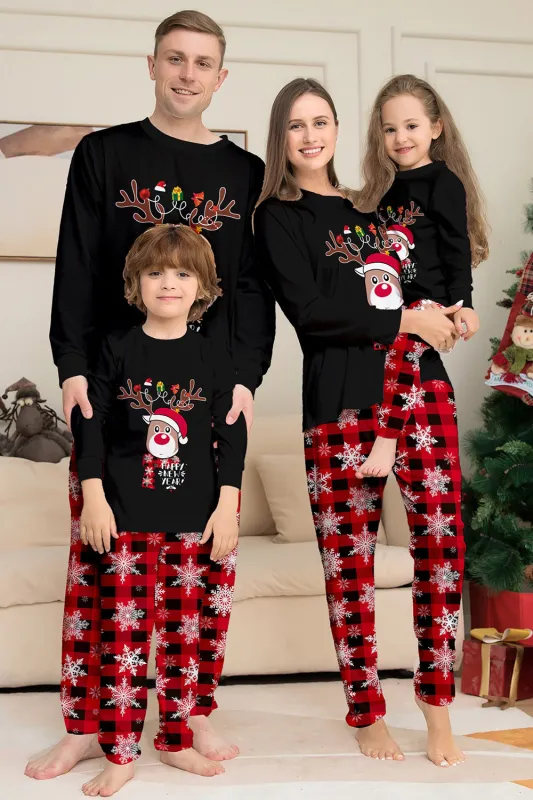 Black Red Reindeer Snowflake Print Christmas Family Matching Pajamas Set sold by Zapaka