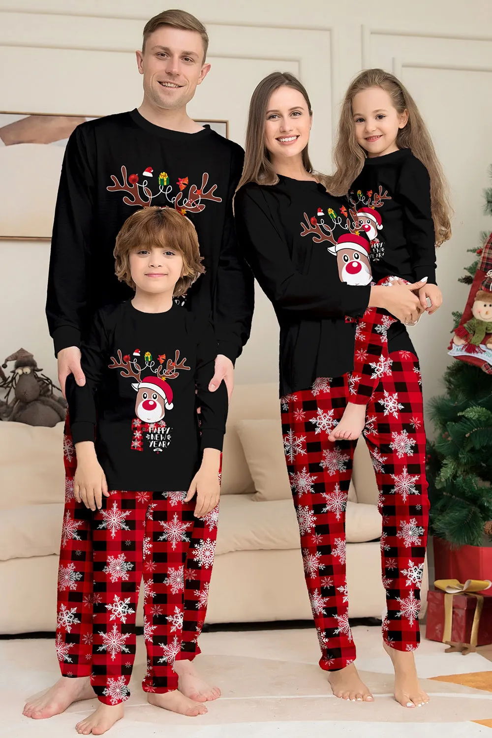 Black Red Reindeer Snowflake Print Christmas Family Matching Pajamas Set sold by Zapaka