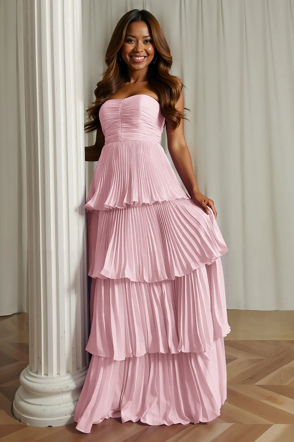 A-Line Strapless Blush Pink Pleated Tiered Bridesmaid Dress sold by Zapaka product image thumbnail 2