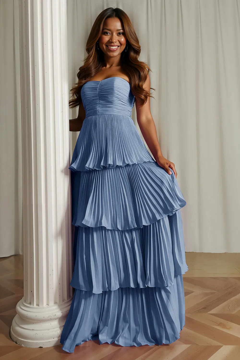 Dusty Blue Strapless A-Line Pleated Tiered Bridesmaid Dress sold by Zapaka product image thumbnail 2