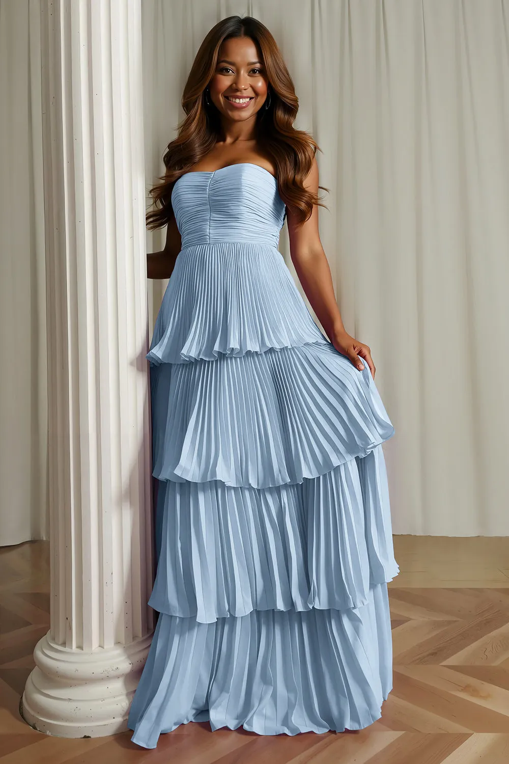 Dusty Blue Strapless A-Line Pleated Tiered Bridesmaid Dress sold by Zapaka product image thumbnail 4