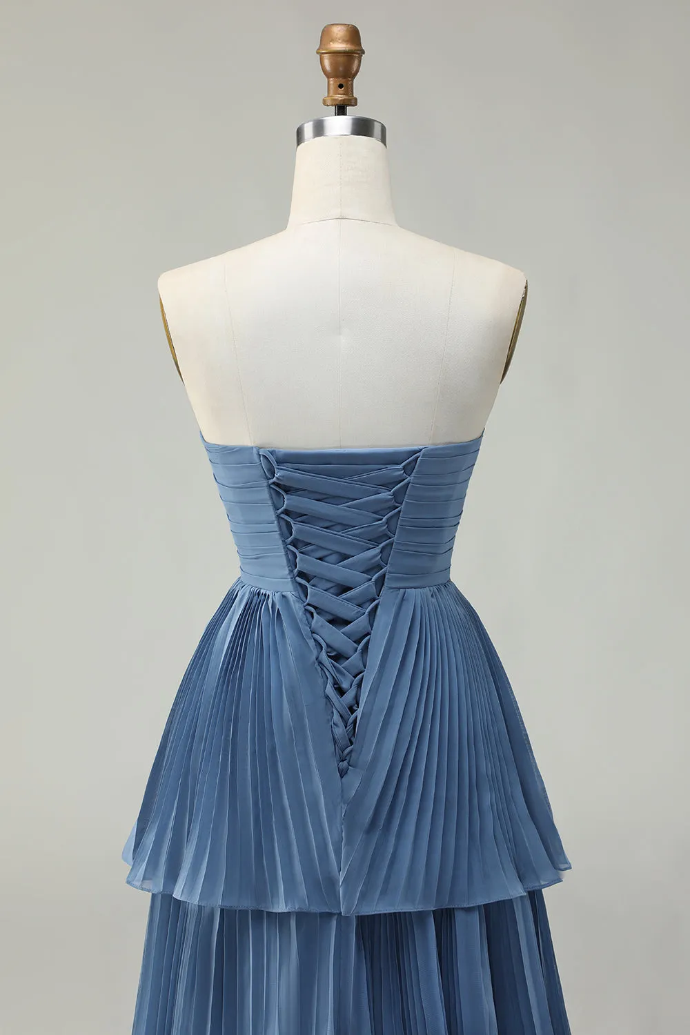 Strapless Dusty Blue A-Line Pleated Tiered Long Bridesmaid Dress sold by Zapaka product image thumbnail 5