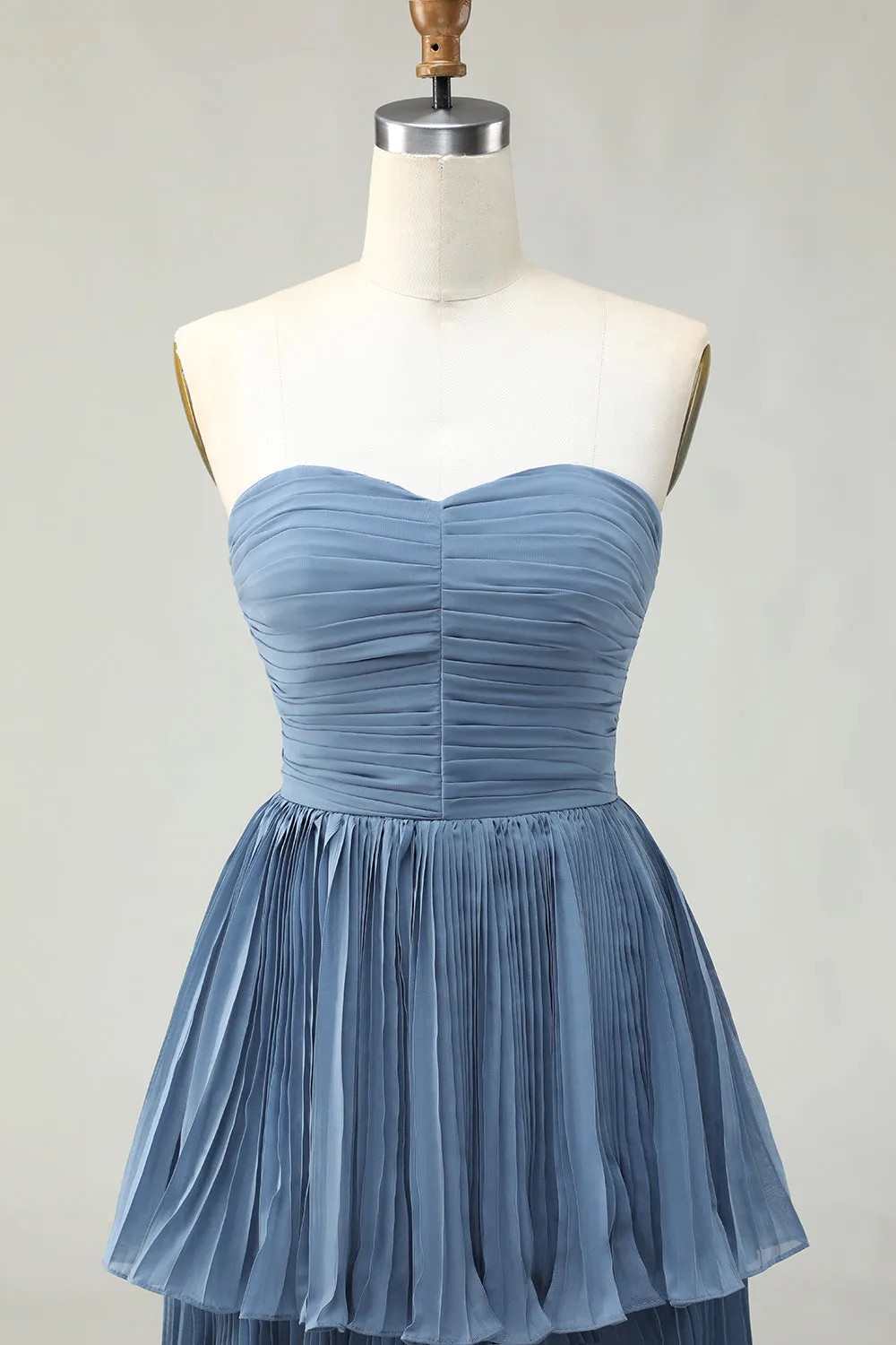 Strapless Dusty Blue A-Line Pleated Tiered Long Bridesmaid Dress sold by Zapaka product image thumbnail 4