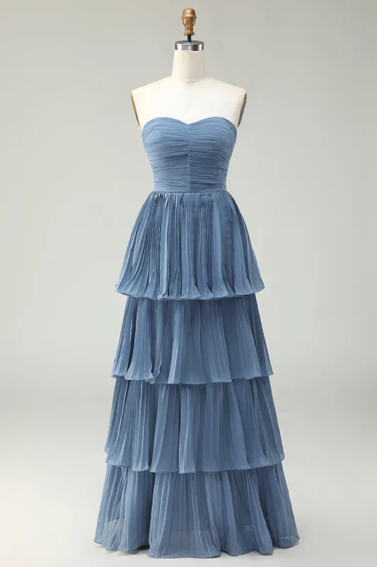 Strapless Dusty Blue A-Line Pleated Tiered Long Bridesmaid Dress sold by Zapaka