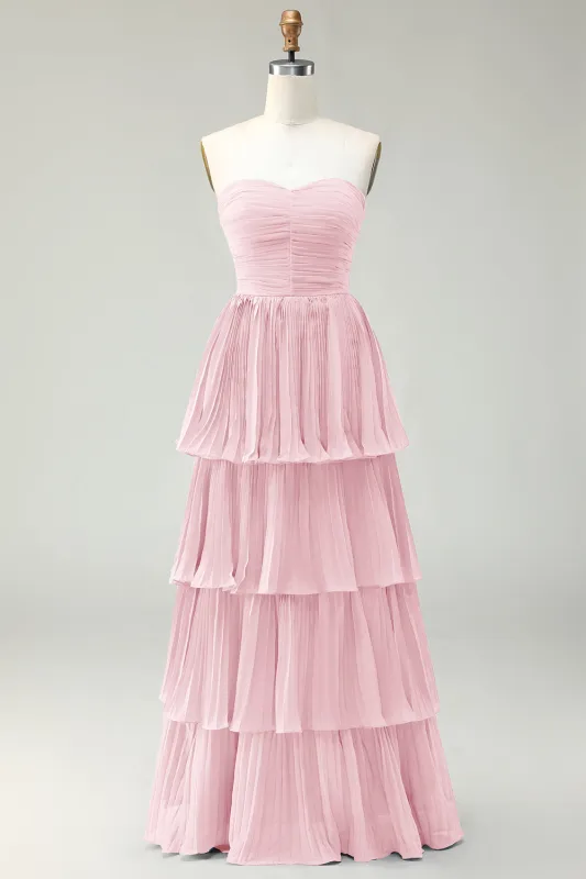 Blush Pink A-Line Strapless Pleated Tiered Long Bridesmaid Dress sold by Zapaka