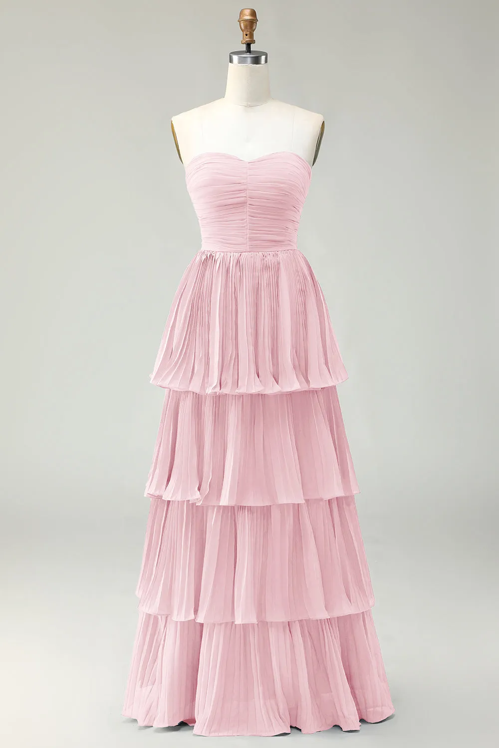 Blush Pink A-Line Strapless Pleated Tiered Long Bridesmaid Dress sold by Zapaka